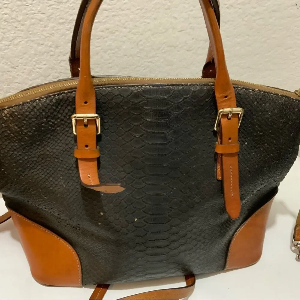 Dooney & Bourke Black Brown  Leather Python Exotic Satchel Buckle Handbag